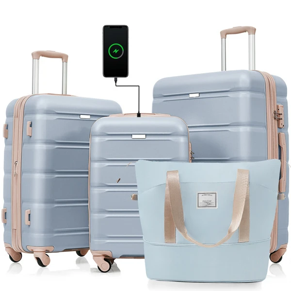 4-piece Luggage Set, 20 Inches With USB Port, Expandable ABS Durable Suitcase With Travel Bag, Cup Holder, ABS Hard Shell Luggage With Rotating Wheels